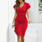 V-neck Pleated Elegant Office Lady Sheath Skirt Dress