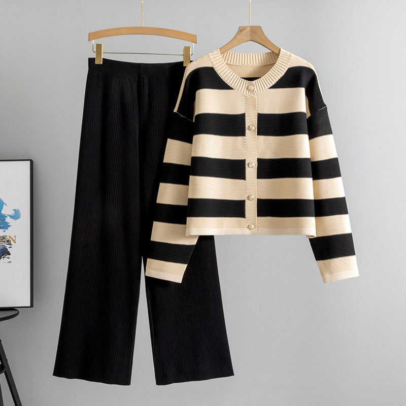 Stylish Eye-catching Short Striped Sweater Two-piece Set
