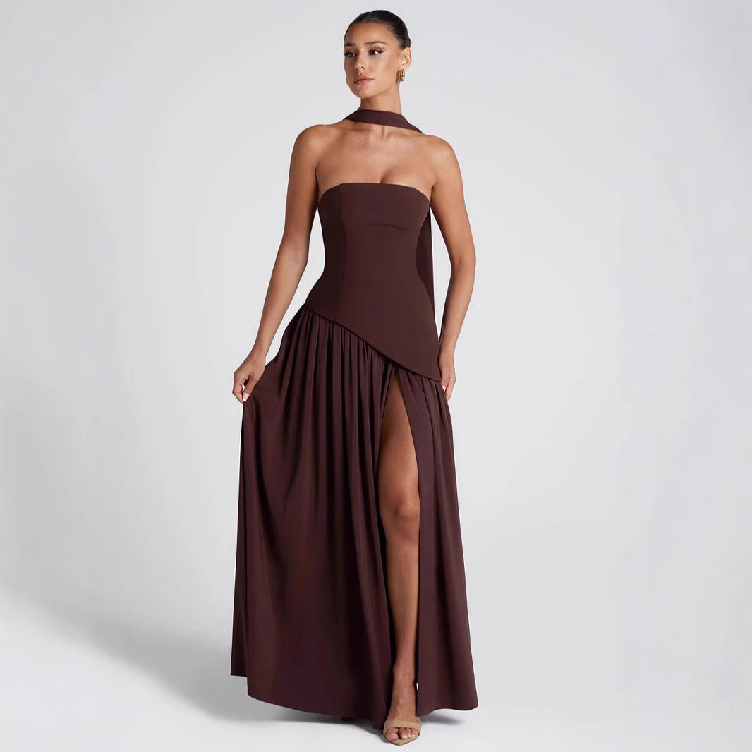 Fashion Backless Tube Top Color Split Dress