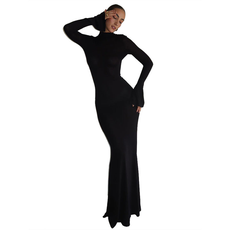Women's Fashion Round Neck Long Sleeve Backless Slim Fit Dress