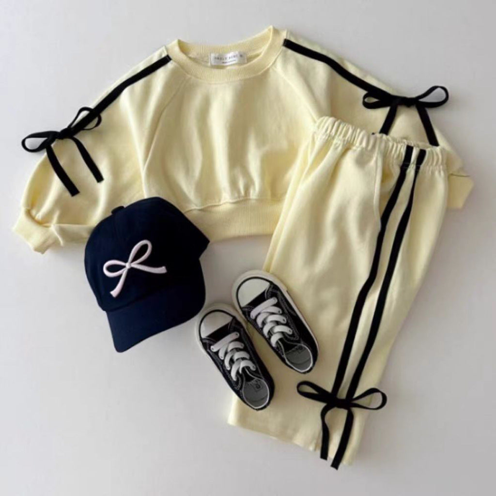 Baby Bowknot Strip Patchwork Sweater Suit All-matching Western Style