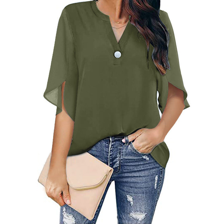 Women's Short Sleeve Elegant Casual Solid Color V-Neck Chiffon Shirt