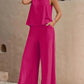 Solid Color Summer Slacks Suit, V-neck Vest And Wide-leg Pants Outfit