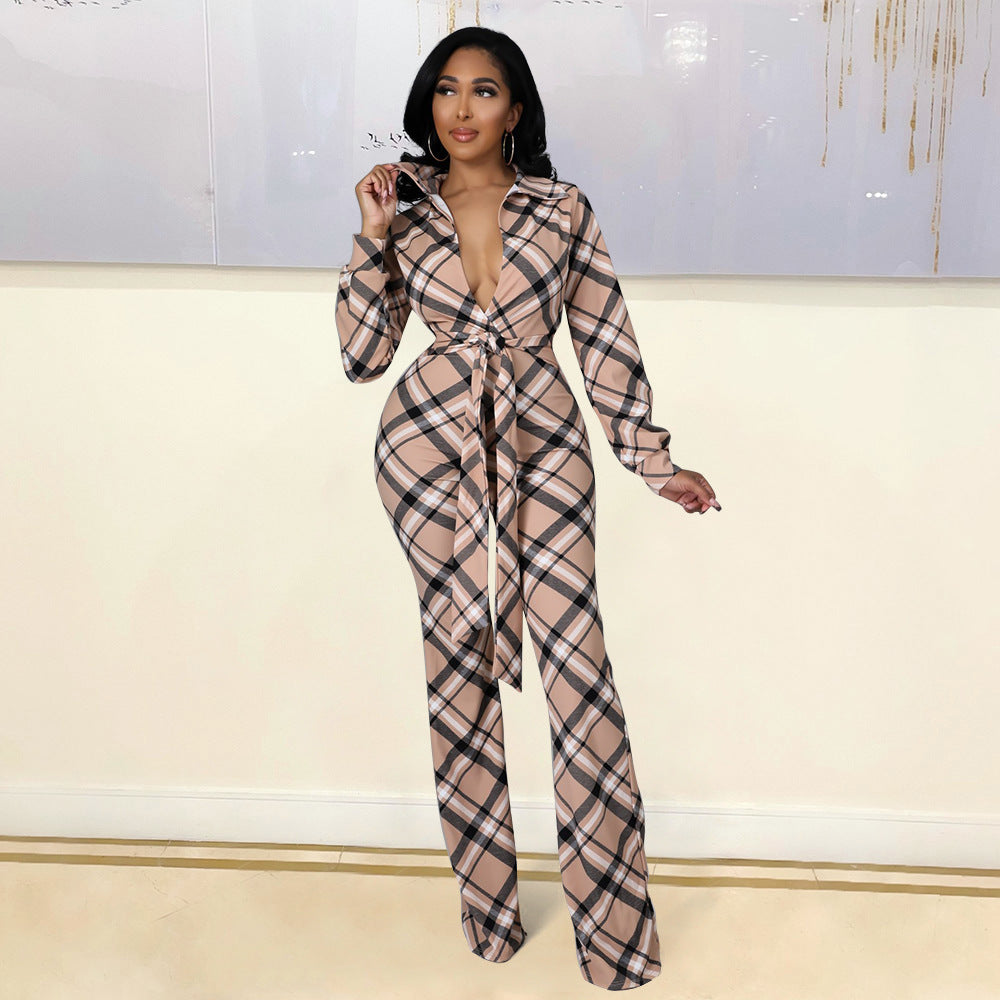 Tight-Fitting Lace-Up Plaid One-Piece Flared Pants