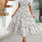 Printed Square Collar Waist-tight Puff Sleeve Layered Dress