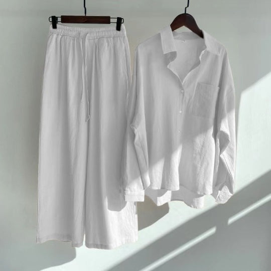 Ensemble 2 pièces rétro grande taille pour femme, chemise en coton et lin, pantalon ample taille haute