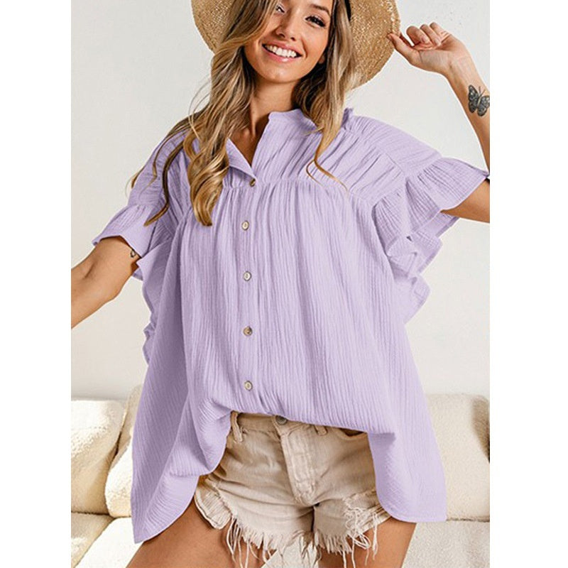 Women's Fashion Stand Collar Ruffled Sleeve Peplum Top