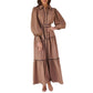 Robe élégante, style rétro simple, col polo, manches bouffantes, taille haute, couleur unie, bordure rayée, pour femme