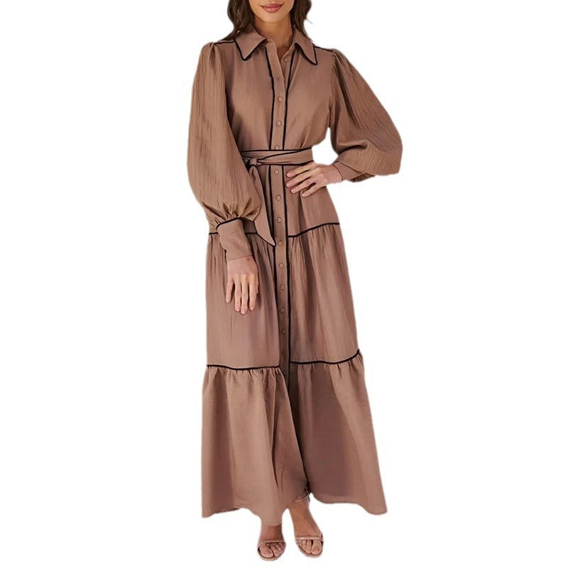 Robe élégante, style rétro simple, col polo, manches bouffantes, taille haute, couleur unie, bordure rayée, pour femme