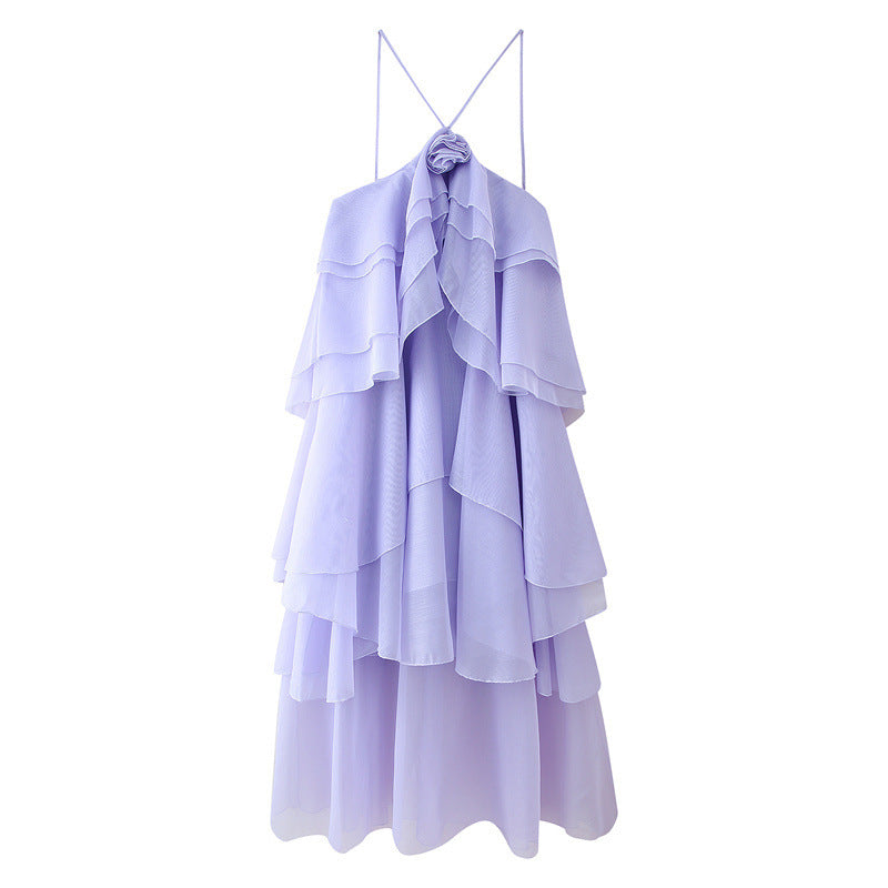 Summer Multi-color Laminated Halter Flower Decorative Sling Dress