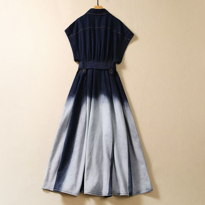 Robe en jean à revers, simple boutonnage, manches courtes, dégradé de couleurs, tendance, taille ajustée