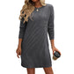 Robe à manches longues et col rond pour femme, couleur unie, rayée, avec poches, coupe droite
