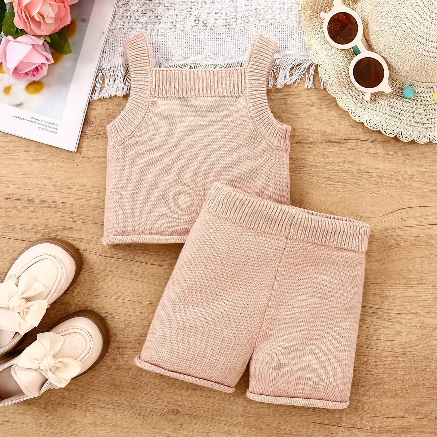 Ensemble pour fille avec gilet brodé à fleurs et nœud à faux cordon de serrage
