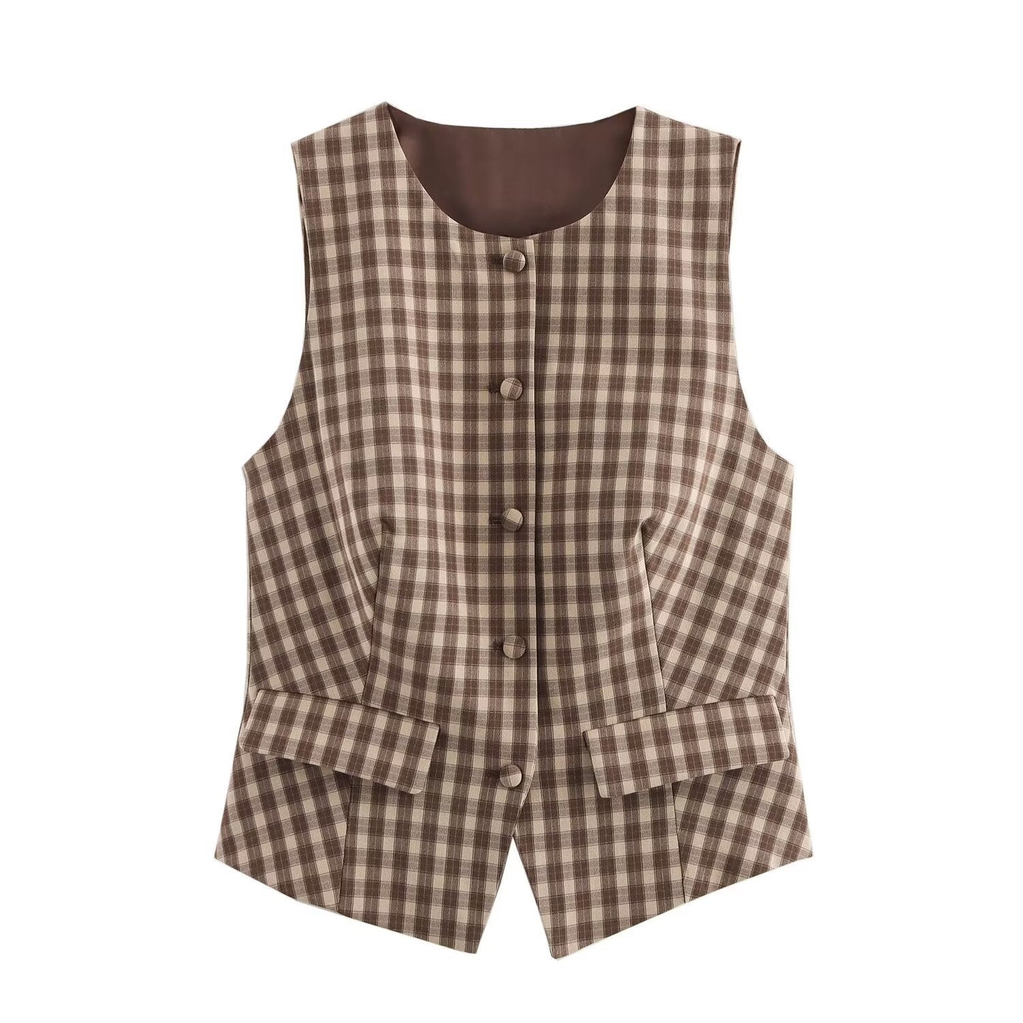 New Plaid Sleeveless Round Neck Slim Vest Top
