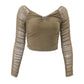 Women's Fashion Deep V Wrap Ruffled Patchwork Mesh Long Sleeve Top
