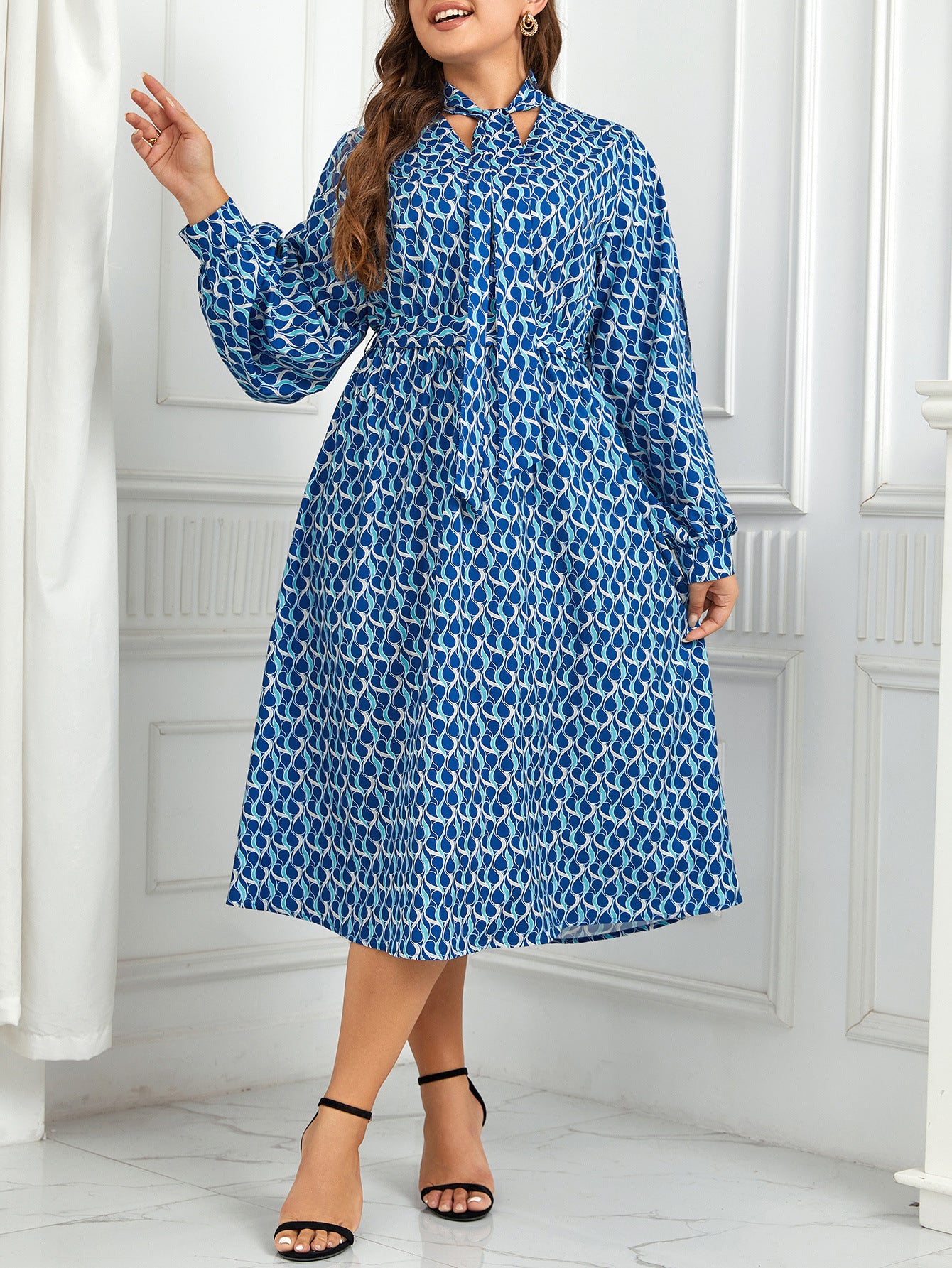 Robe à manches longues bouffantes à imprimé taille haute, style européen et américain