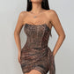 Leopard-print Asymmetrical Ribbon-waist Bustier Bodycon Mini Skirt