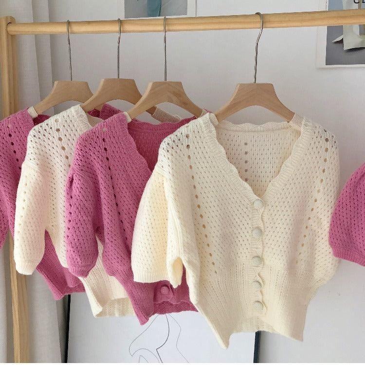 Short Puff Sleeve Hollow Knit Top