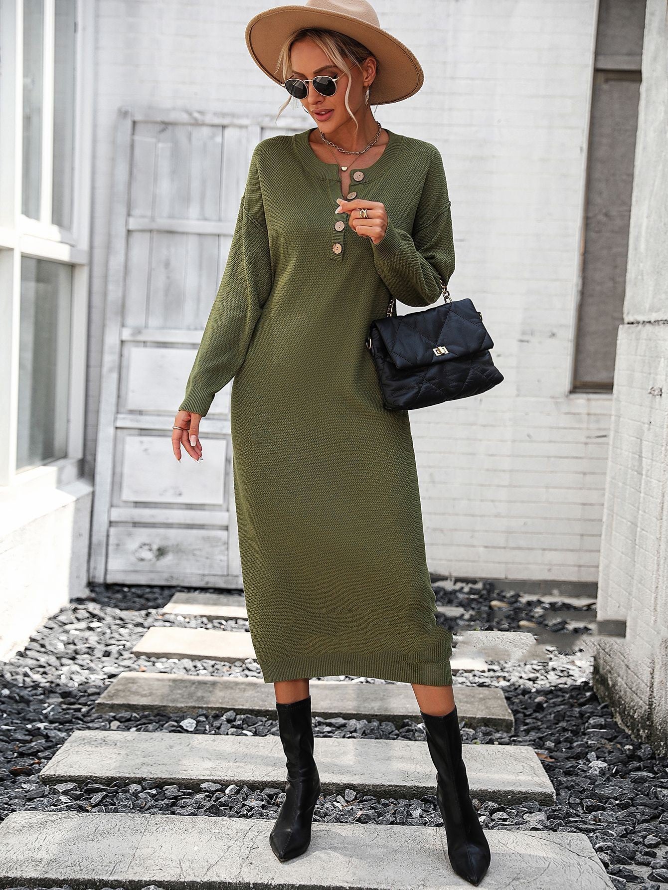 European And American Button Knitwear Dress