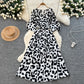 Five-quarter-sleeve Fitted-waist Single-breasted Printed Dress