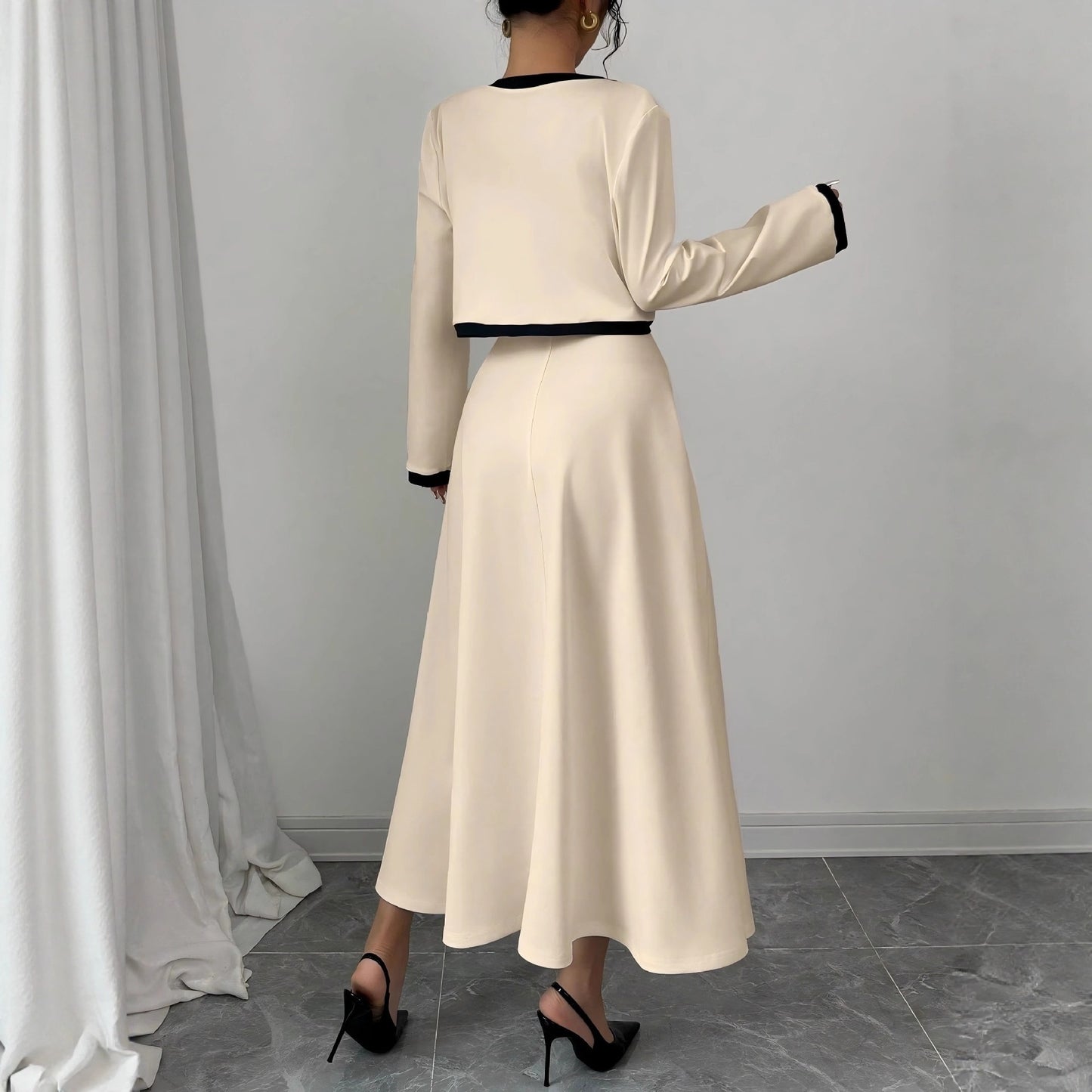Womens French-style Long-sleeve Cropped Jacket And Slip Dress Two-piece Set