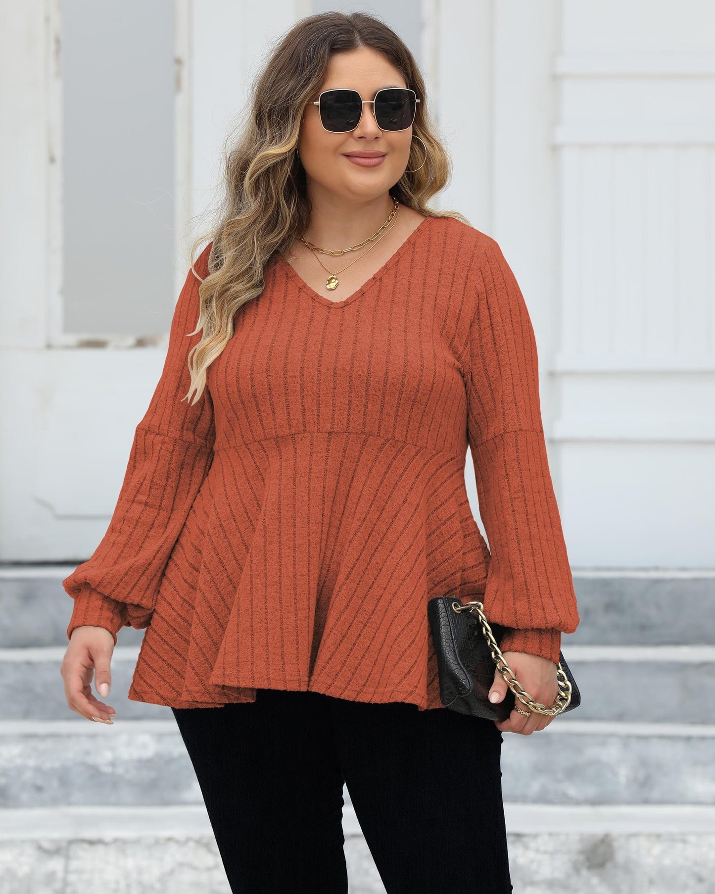 Doll Shirt V-neck Hollow Striped Polar Fleece Lantern Sleeve Bottoming Shirt