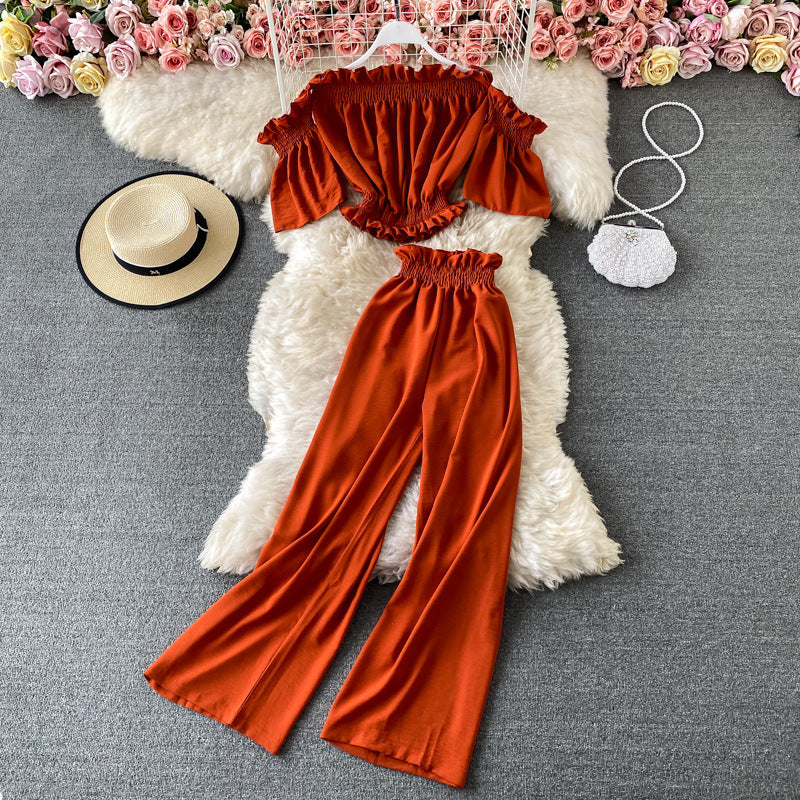 One-shoulder Off-the-shoulder Top High-waisted Wide-leg Pants Two-piece Suit
