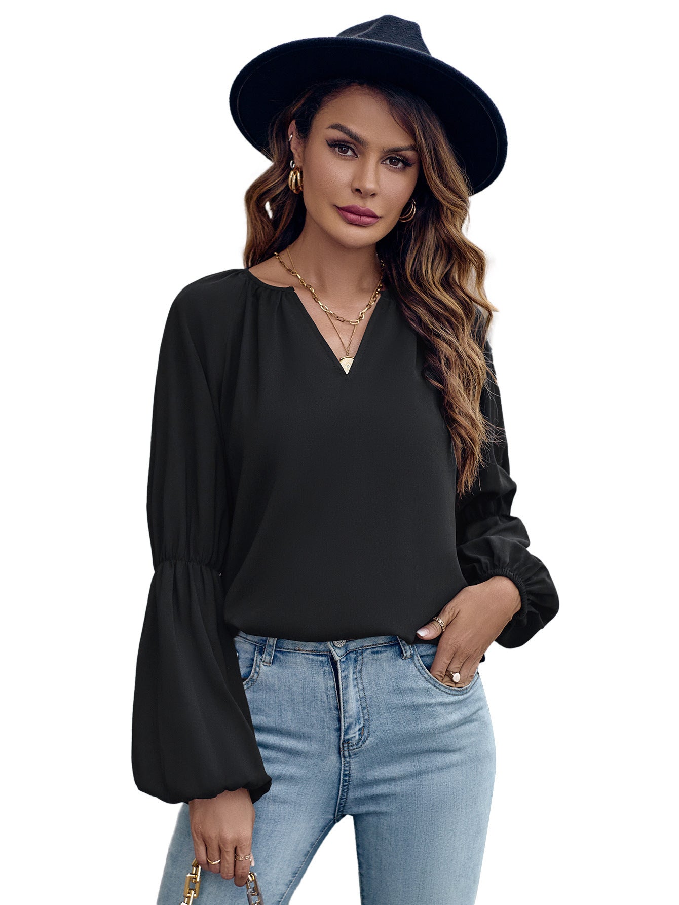 Solid Color And V-neck Loose Casual Women's Top