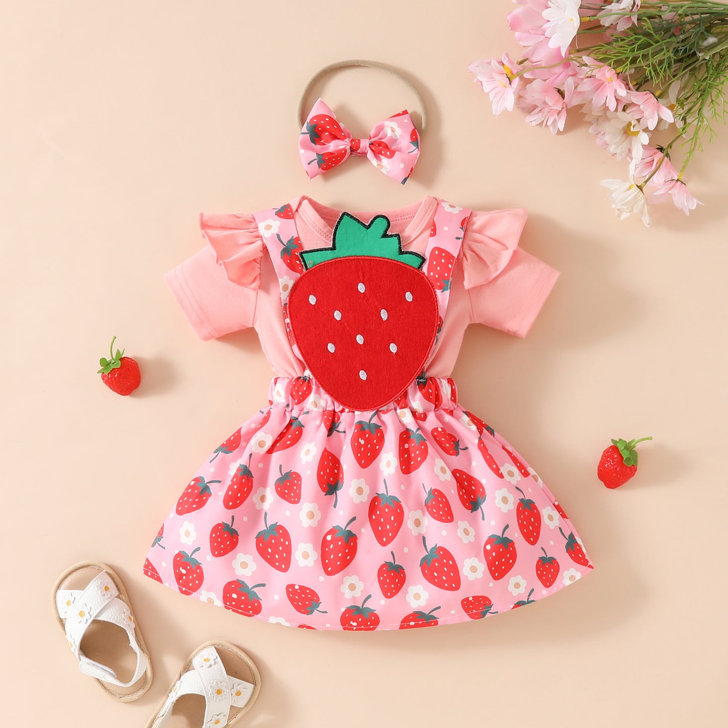 Ensemble jupe-jupe décontractée à manches courtes et bretelles pour bébé fille, motif floral et fruité, été