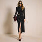 New Stylish And Chic Dress Featuring A Patchwork Mesh Sleeve Design Adorned With Metallic Buckles