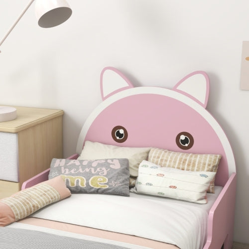 ZONEKIZ Bed For Kids Cat Design Toddler Bed Frame Bedroom Furniture With Guardrails, For 3-6 Years, 143L X 74W X 72Hcm - Pink