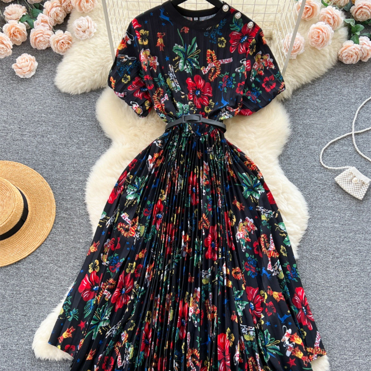 Waist Slimming A- Line Pleated Irregular Dress
