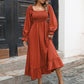 Flared Sleeve Casual Ruffled Square Collar Elastic Waist Large Swing Spring Dress
