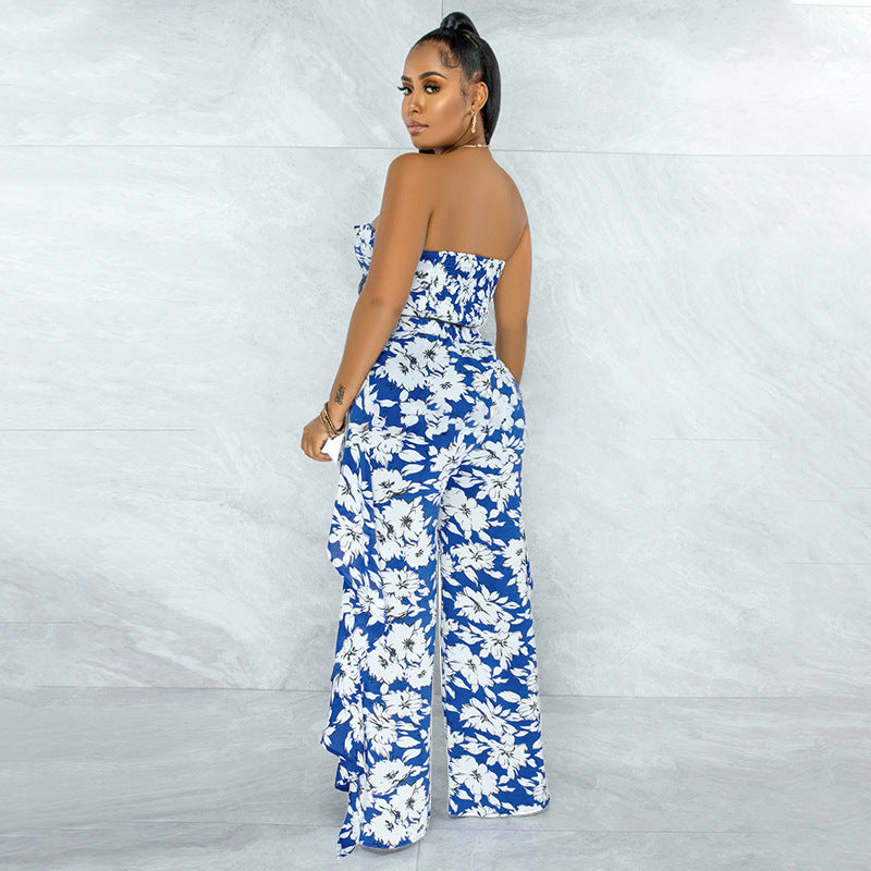 Ensemble pantalon large pour femme avec nœud à volants imprimé