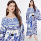 Blue And White Porcelain Printed Loose Long Sleeves Blouse Trousers Two-piece Suit