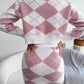Hit Color Diamond Lattice Midriff-baring Sweater Hip Skirt Casual Suit
