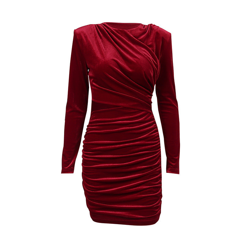 Suede Shoulder Cutout Gathered Long Sleeve Pack Hip Dress