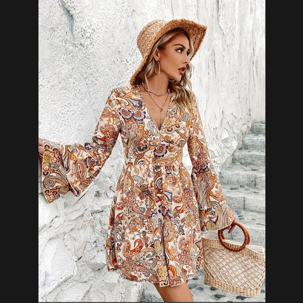 European And American Temperament High Waist Printed Elegant Dress