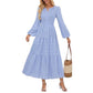 V-neck, Waist-cinched, Layered Puffed-sleeve Dress Fashionable Ruffled Maxi Skirt