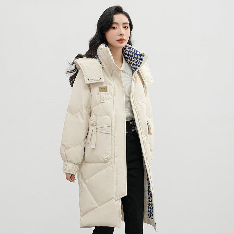 Manteau en coton avec chapeau amovible et doudoune rembourrée au-dessus du genou