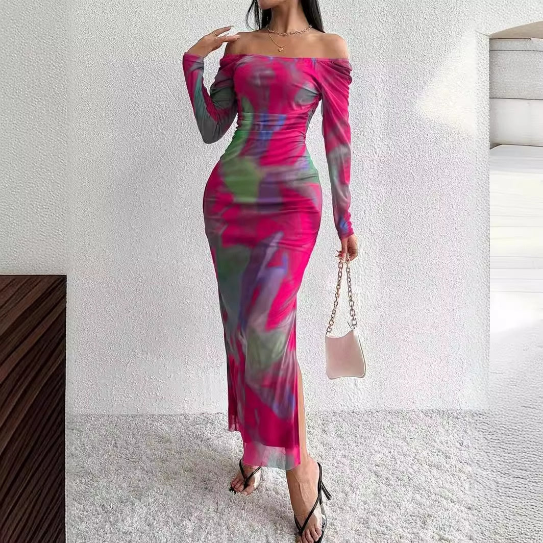 Printed Pleated Tight Split Square Collar Dress