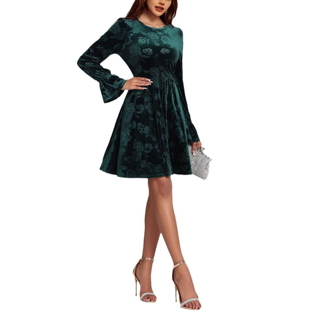 Women's Casual Long-sleeve Printed Velvet Dress
