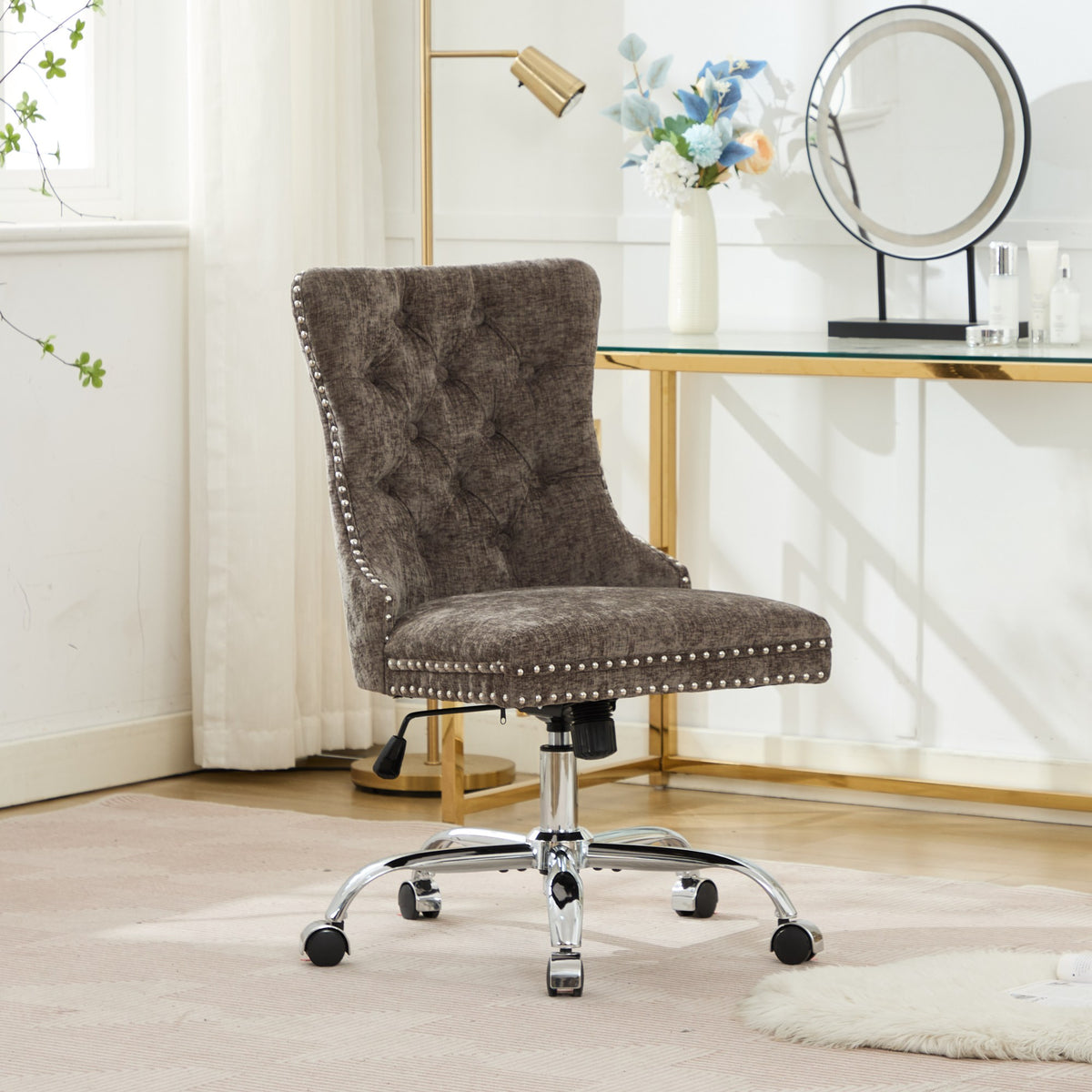 A&A Furniture Office Chair,Modern Chenille Upholstered Tufted Button Home Office Chair With Chrome Metal Base,Adjustable Desk Chair Swivel Office Chair Gray