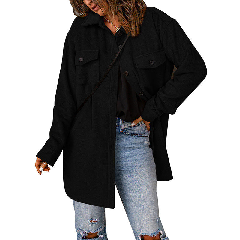 Women's Corduroy Solid Color Single Breasted Casual Lapel Woolen Jacket