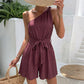 Resort-style Textured Solid-color One-shoulder Lace-up Jumpsuit