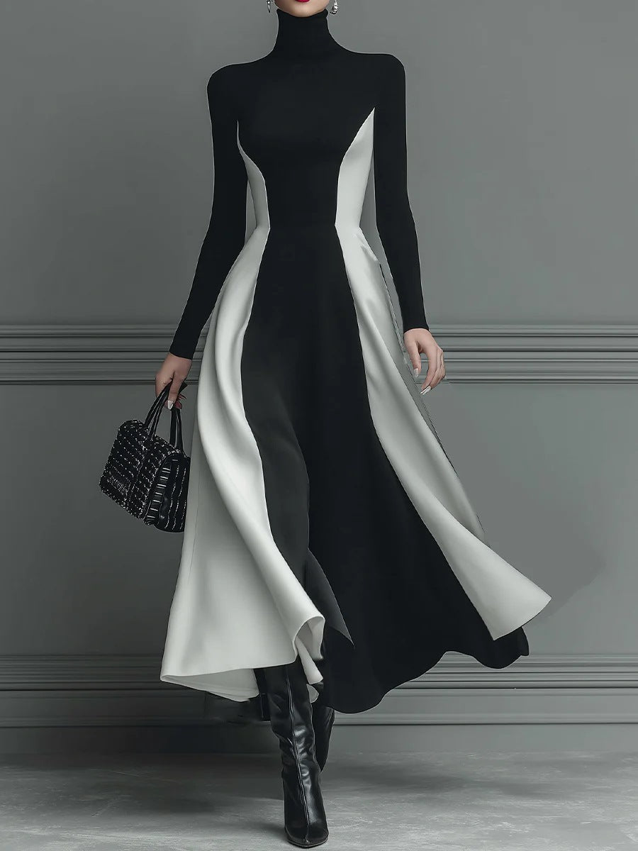 Color-Block Knitted Turtleneck Elegant Long-Sleeve Slim-Fit Dress