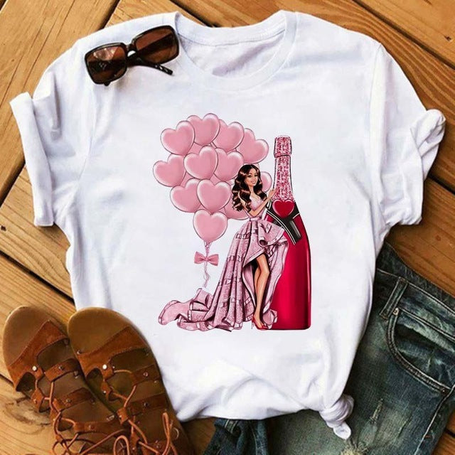 T-shirt Kawaii Verre à Vin Rose Gold