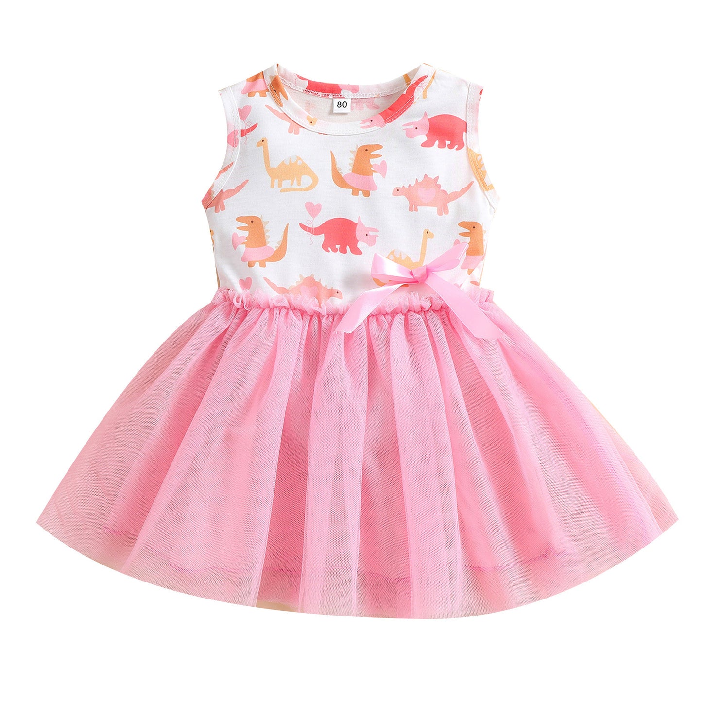 Girls Dress Dinosaur Printed Mesh Bow