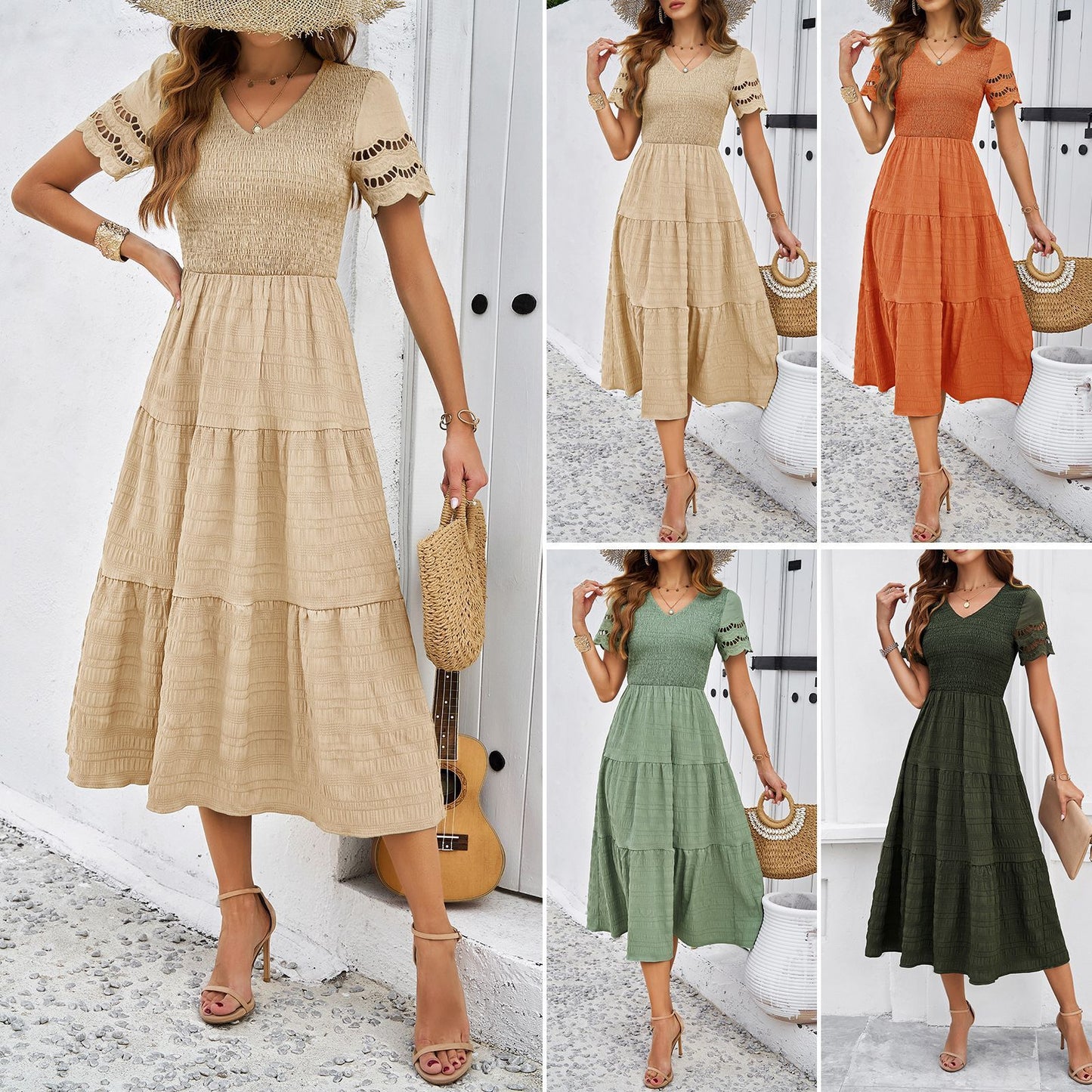 Independent Station Cross-border Foreign Trade Temperament Short Sleeve V-neck Dress