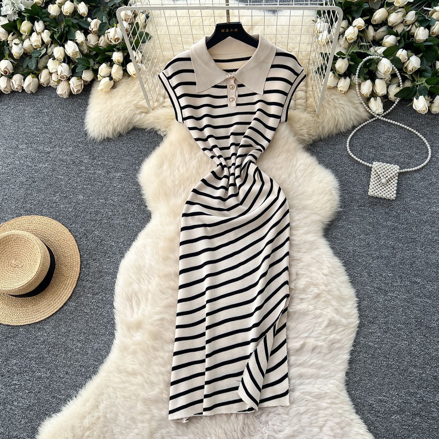 Retro Short-Sleeve Striped Dress For Women
